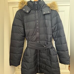 Abercrombie & Fitch Belted Puffer Coat with Faux Fur Hood